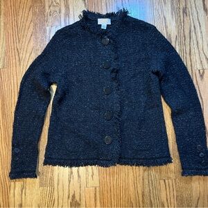 Talbots Black Wool Blend Cardigan Fringe Trim Large Buttons Size Small EUC Coat
